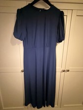 Finery London Navy Blue Midi Dress UK 12 Puff Sleeve Crepe Fit & Flare Tea Dress