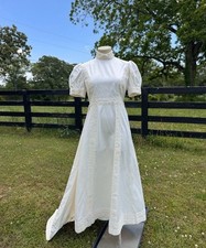 Vintage Ivory High-Neck Lace Trim Wedding Dress Victorian Inspired Puff Sleeve