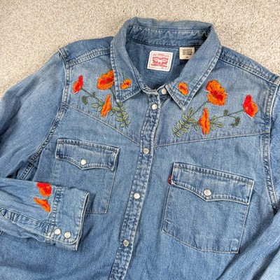 Levi Denim Shirt Women Large Blue Floral Poppy Embroidered Western Pearl Snap