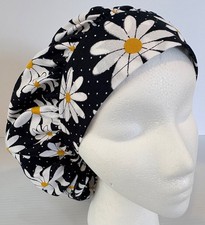 Daisies on Black Polka Dot Size Medium Medical Bouffant Scrub Cap Surgery Hat