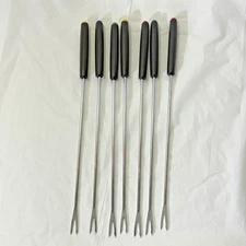 Stainless Steel Fondue Forks, Plastic Color Ends, 2 prong 10.375" Set of 6