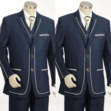 Vintage Denim Men Suits 3 Pcs Party Prom Formal Dark Blue Men Tuxedos Vest Pant