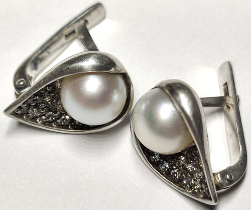 eanings silver 925, cultured pearl 8 mm, cubic zirconium scattering - Picture 3 of 11