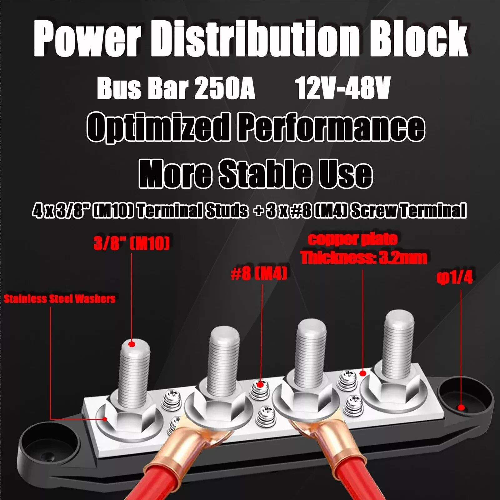 250A Bus Bar 12V Marine 3/8" Power Distribution Block Automotive Busbar Termi...