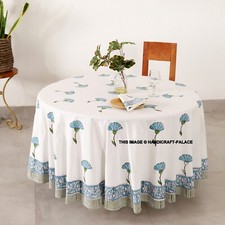 Nappe Ronde En Coton Imprimé Floral 72 Pouces Blanche Et Bleue