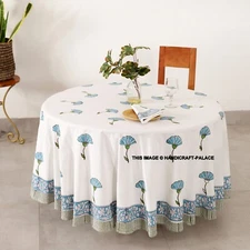 Cotton Block Print Floral Tablecloth Round 72 inches White Blue Kitchen Linen