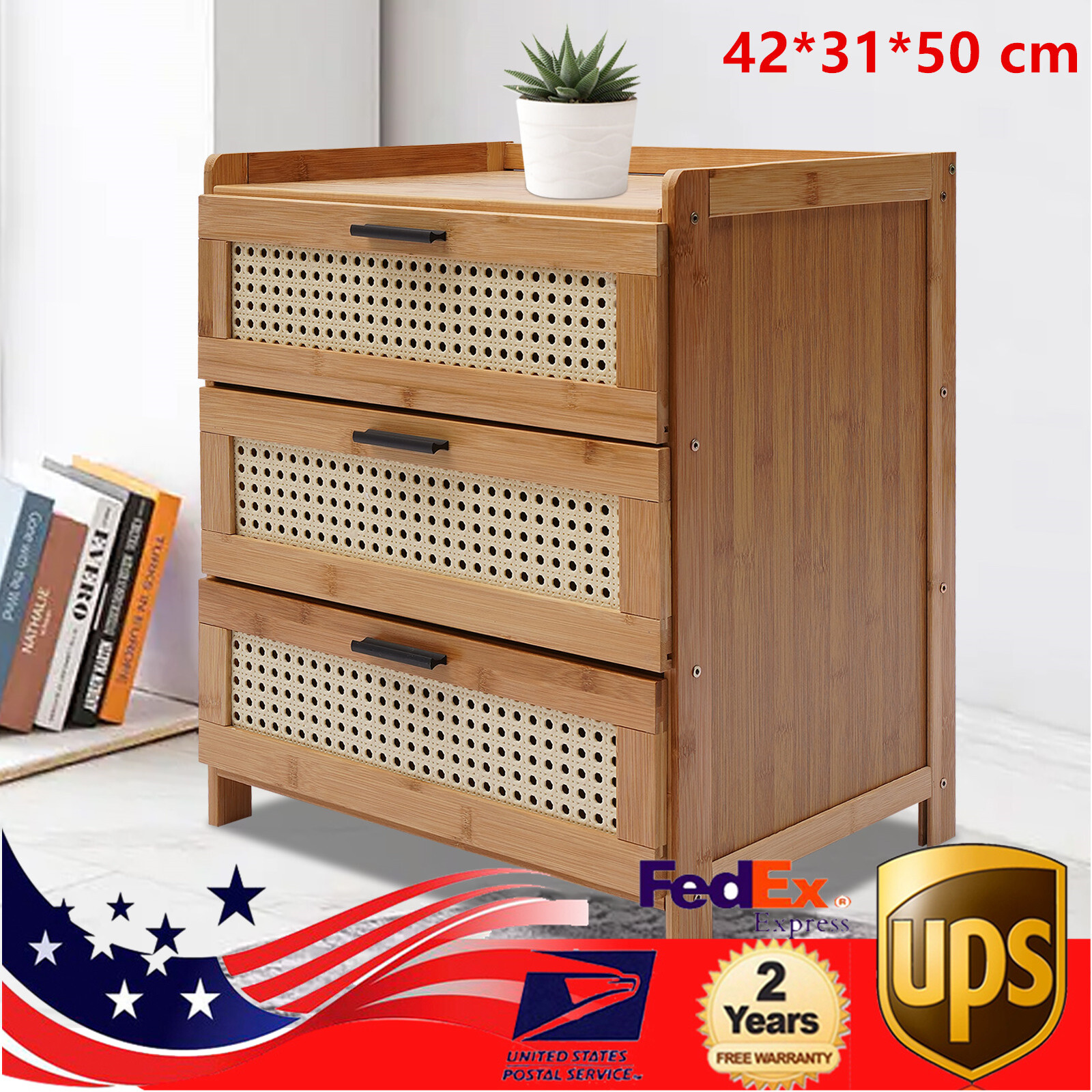 Bamboo Wood Bedside Table End Table 3 Sliding Drawers Nightstand Storage Cabinet