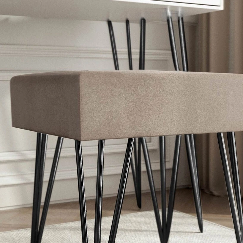 Olivia Velvet Padded Stool Dove grey velvet seat Black hairpin legs - Image 3 of 4