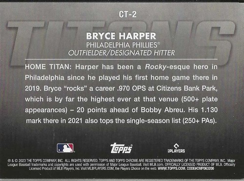 Béisbol Topps Cromado 2023 - Bryce Harper - Titans - CT-2 - Imagen 2 de 2