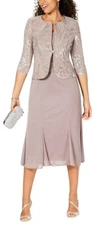Alex Evenings Sequined A-Line Midi Dress and Jacket Pewter Size 6 $209