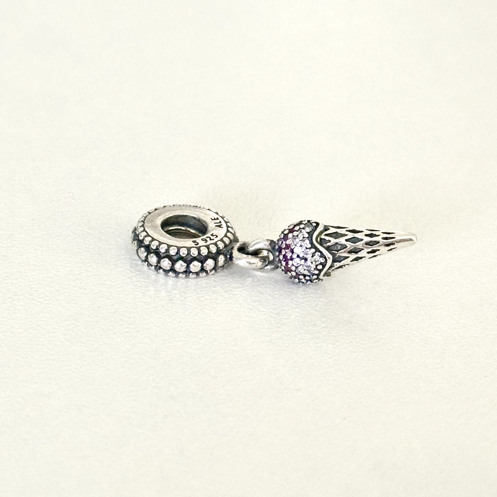 Pandora Sterling Silver Ice Cream Cone Pave CZ Pink Clear Bead Dangle Charm