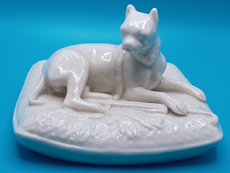 Belleek Ireland Vtg Boxer Dog Figurine  on Pillow Bed Cushion, Green Mark