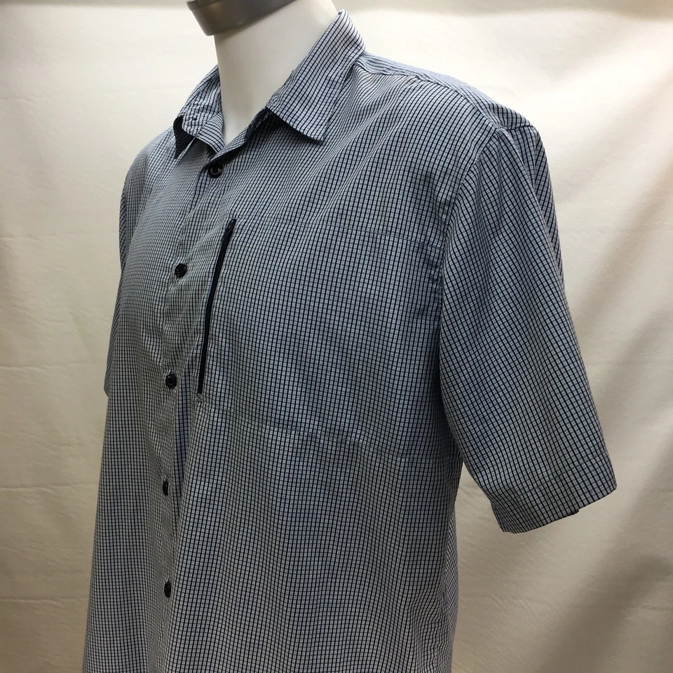 Split Mens Size L Vented Sport Shirt Short Sleeves Blue Checked Zipper Pockets  - Image 3 of 4