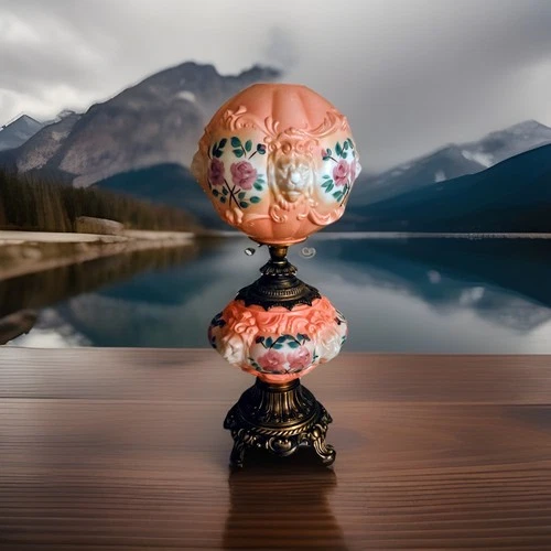 Vintage Fenton/LG Wright Puffy Lions With Hand Painted Roses 27” Table Lamp