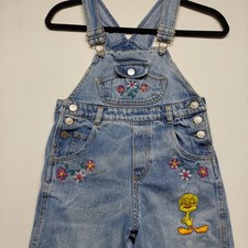 Vintage Looney Tunes Embroidered Tweety Bird  Flowers Girl's Overalls Size 6