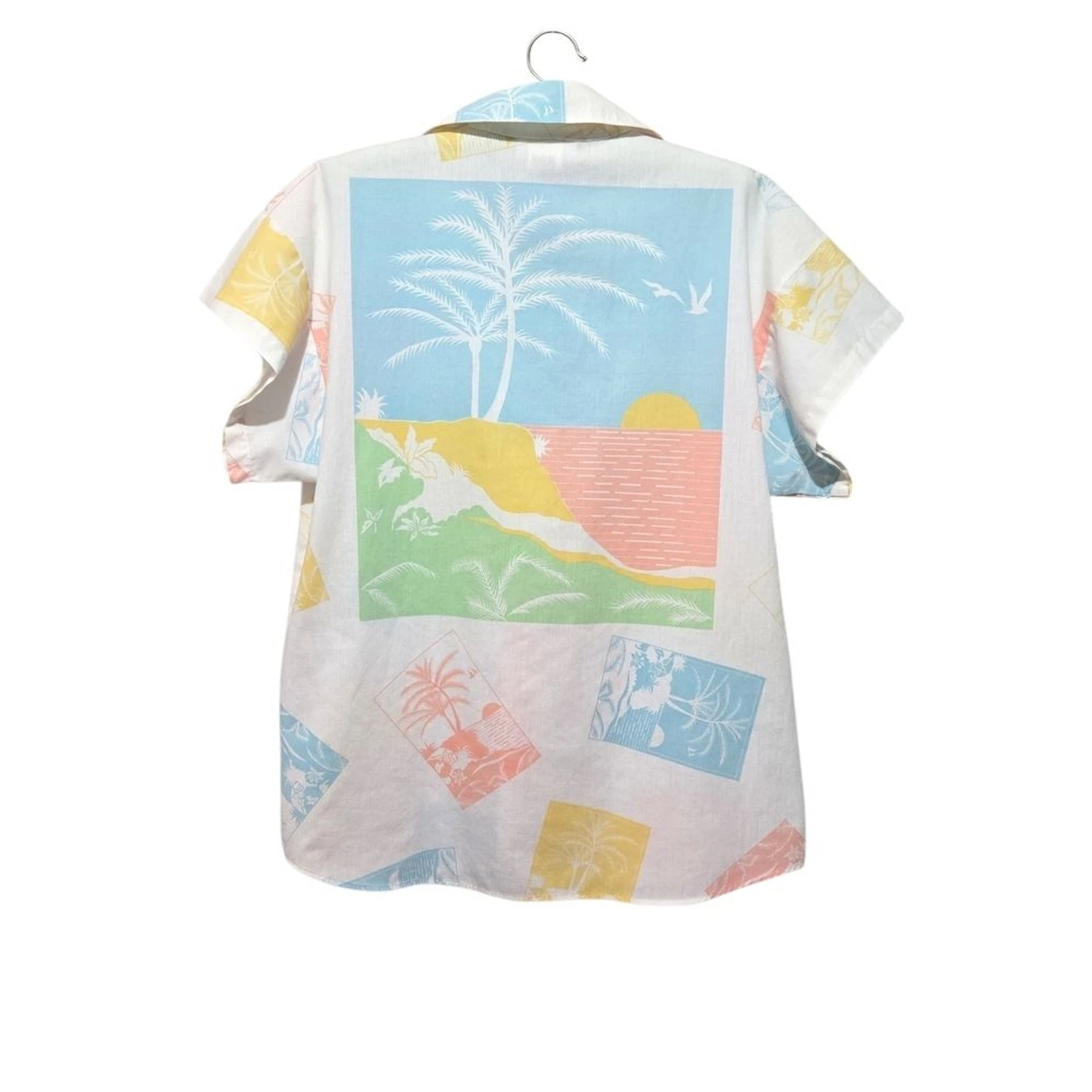 Vintage White Short-Sleeve Button-Up Shirt Pastel Tropical Color Blocks Resort S