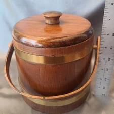 Vintage Wooden Firkin Bucket with Handle Band 7.5" Tall Sugar Dark Wood Gold
