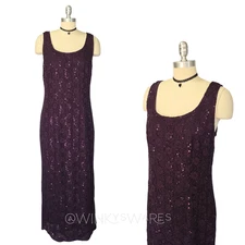 Vintage 90s Purple Lace Maxi Dress Size L Ethereal Fairy Grunge Glam Formal