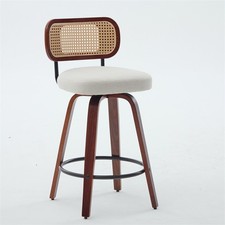 Set of 2 Upholstered Swivel Bar Stools 26" H Barstools w/Rattan Back Wood Legs