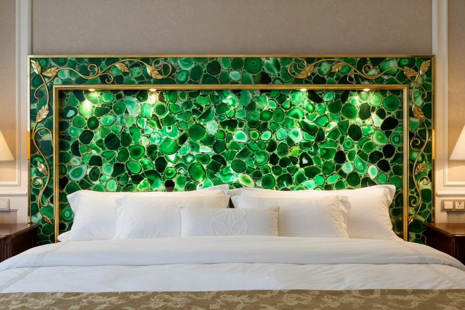 Cabecero de cama retroiluminado moderno de ágata verde | Panel de piedras preciosas LED de lujo | Dormitorio Foto 3 de 4