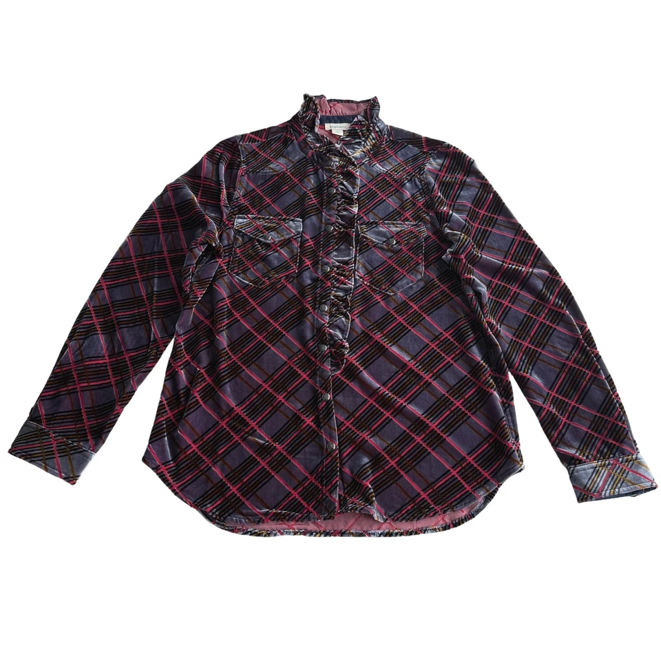 Camisa Sundance Gretel Seda Viscosa Burnout Terciopelo Cuadros Volantes Perla A Presión S Foto 3 de 4