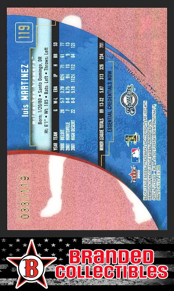 2002 Fleer E-X Luis Martinez Essential Credentials Now Rookie RC /119 Brewers - Image 2 of 2
