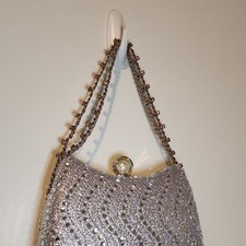 Silver Beaded Evening Bag with Chain Strap and Decorative Clasp