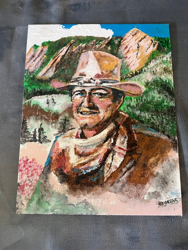 Vintage John Wayne Painting Portrait on Canvas 2004 11" x 17" Mountains Signed