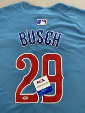 CHICAGO CUBS- MICHAEL BUSCH AUTOGRAPH #29 BLUE ALTERNATE NIKE JERSEY PSA AQ14314