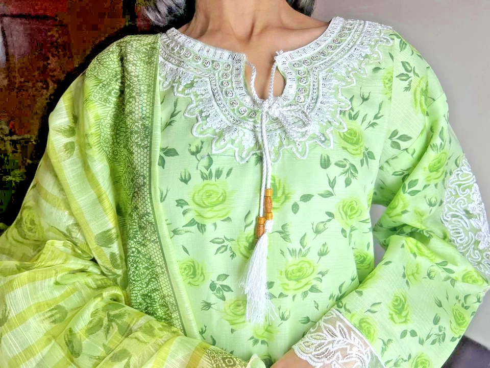 pakistani stitched Lawn 3 piece suit Embroidered Floral Green womens KURTA STYLE - Image 2 of 4