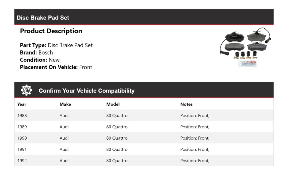 Pastillas de freno delanteras semimetálicas QuietCast Bosch 1988-1992 Audi 80 Quattro Foto 2 de 4