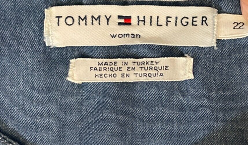 Tommy Hilfiger Woman's Size 22 Top Denim V-Neck Y2K Pintuck Gather Long-Sleeve - Picture 7 of 11