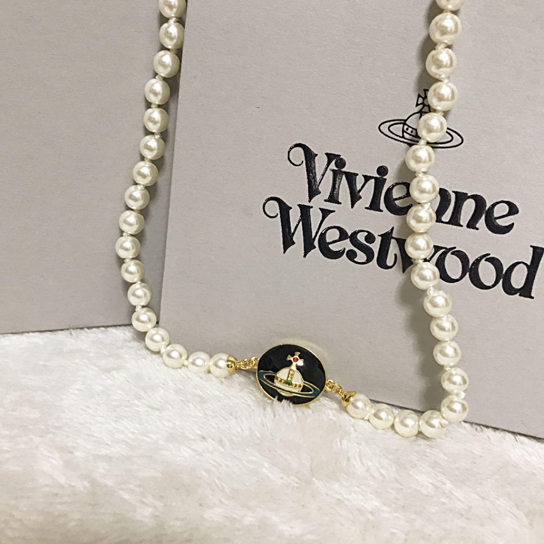 Vivienne Westwood Necklace Enamel Pearl Choker Black x Gold 40cm