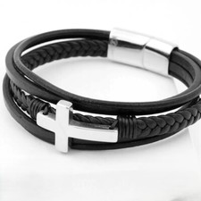 Men's 8" Stainless Steel,Silver Cross Braided Leather Magnetic,Bracelet BOX