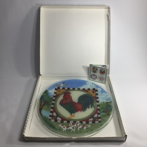 Peggy Karr 14" Round Plate Platter Fused Glass ROOSTER Farm Animals Check NEW - Picture 5 of 11