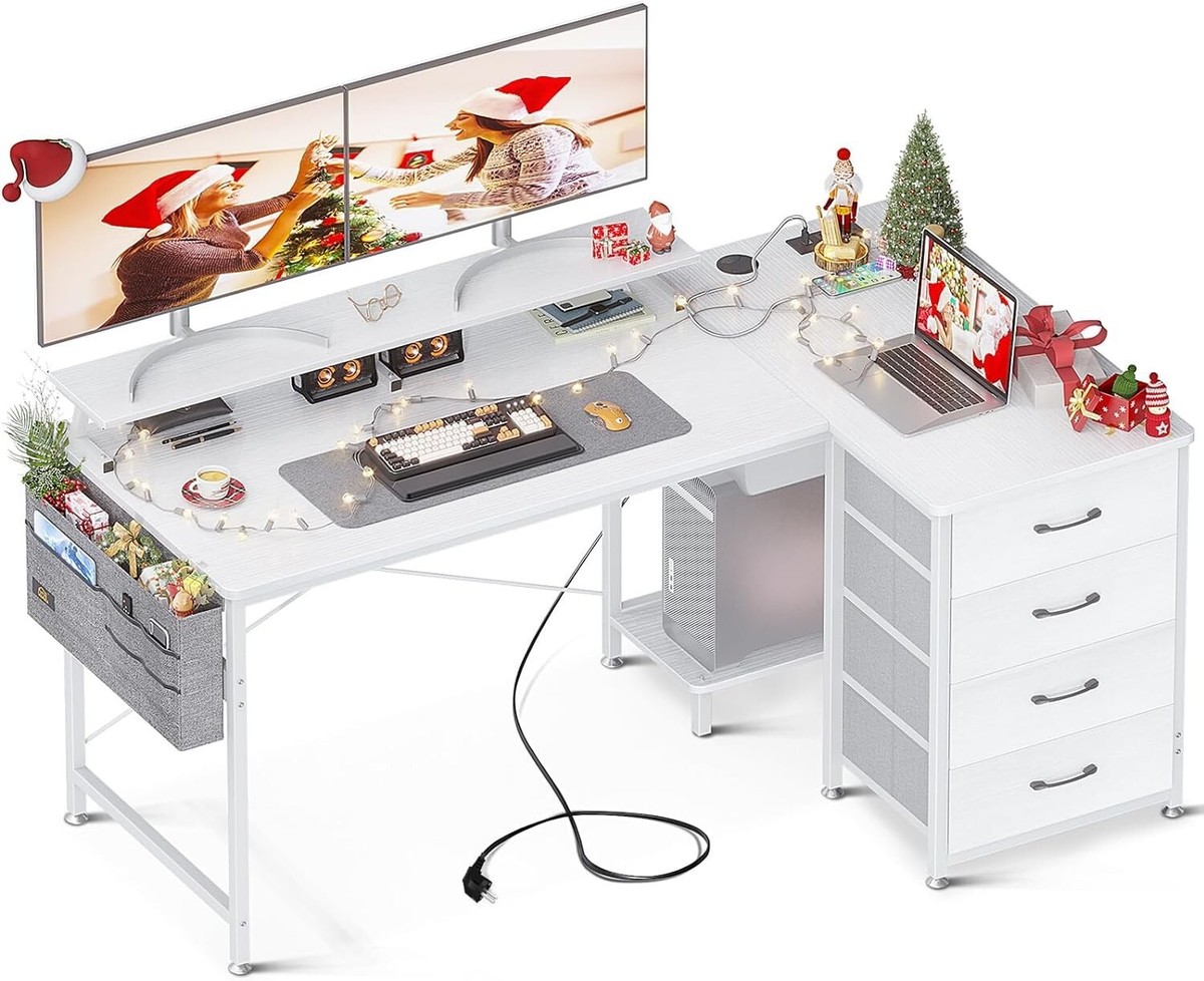 L-förmiger Schreibtisch Mit LED & Steckdosen – 110x80 Cm, Eckschreibtisch Mit Regal, Monitorständer, Braun