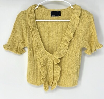 ASOS NWOT knit cropped top women s small Yellow Short Sleeve Plunge Button Down