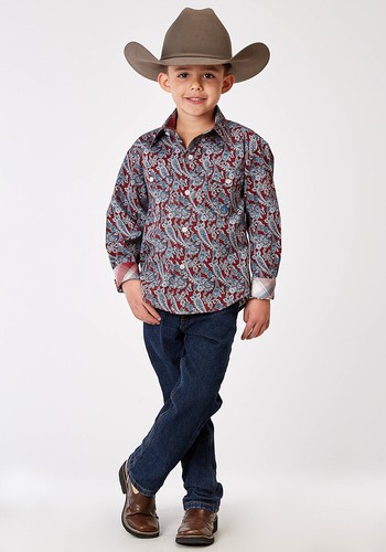 Roper Kids Boys 1935 River Paisley Red 100% Cotton Btn L/S Shirt - Picture 2 of 4