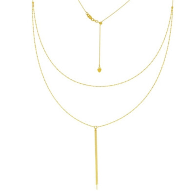  14K Massiv Gelbgold Doppelstrang Perlen Schicht Hänger Tropfen Halsband Halskette 