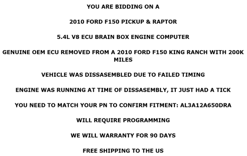 2010 Ford F150 Pickup & Raptor 5.4L 3V ECU AL3A-12A650-DRA OEM W/90 Day Warranty - Picture 2 of 8