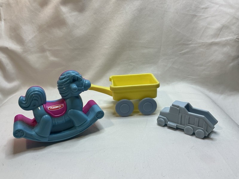 Vtg Playskool Blue/Pink Rocking Horse Wagon & Wheels