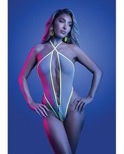 Teddy Bodysuit White Supernatural Glow in the Dark Trim Zipper Teddy White