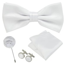 Pre-tied Bow Tie and Pocket Square Cufflinks Set 4PCS Solid Color Large White