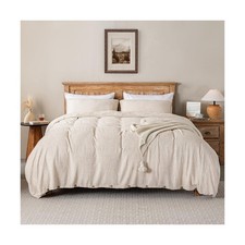 Linen Duvet Cover Set Queen Size 3PC,Linen Blend Duvet Cover with Coconut But...