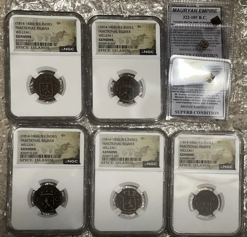 Set of 5 NGC Graded Fractional Stuivers w/ 3 Mauryan Empire Bronze Coins