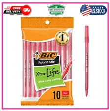 BIC Round Stic Xtra Life Red Ballpoint Pens, Medium Point (1.0mm), 10-Count