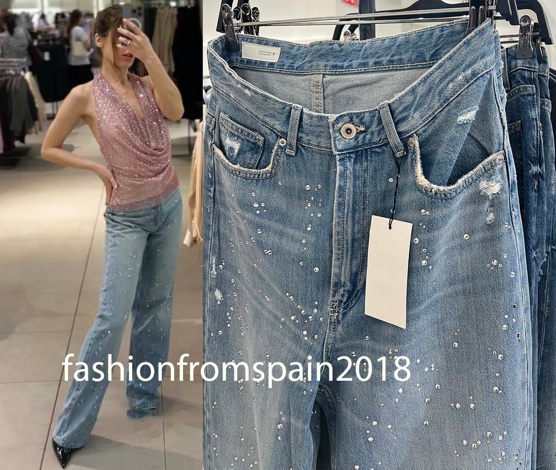 ZARA WOMAN BNWT TRF HIGH-WAISTED STRAIGHT-LEG RHINESTONE JEANS