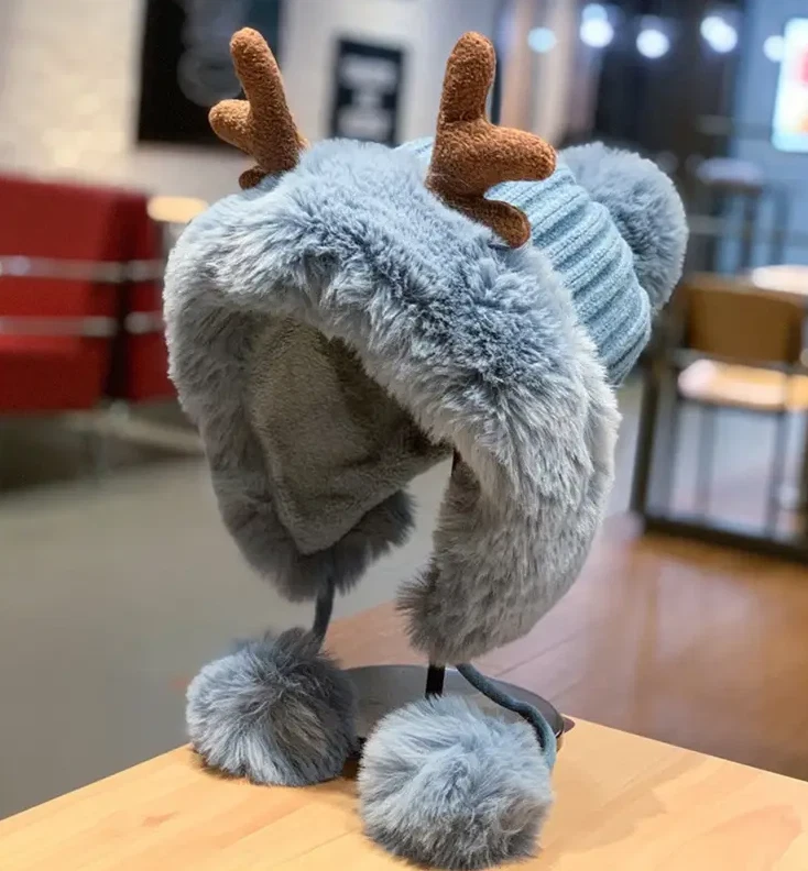 Winter Knitted Beanie Antlers Santa Hat Windproof Foldable Knitted Reindeer Bean - Image 2 of 4