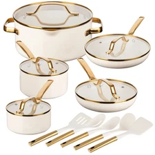 Gotham Modern Collection 15 Piece Cream Ceramic Nonstick Cookware Set