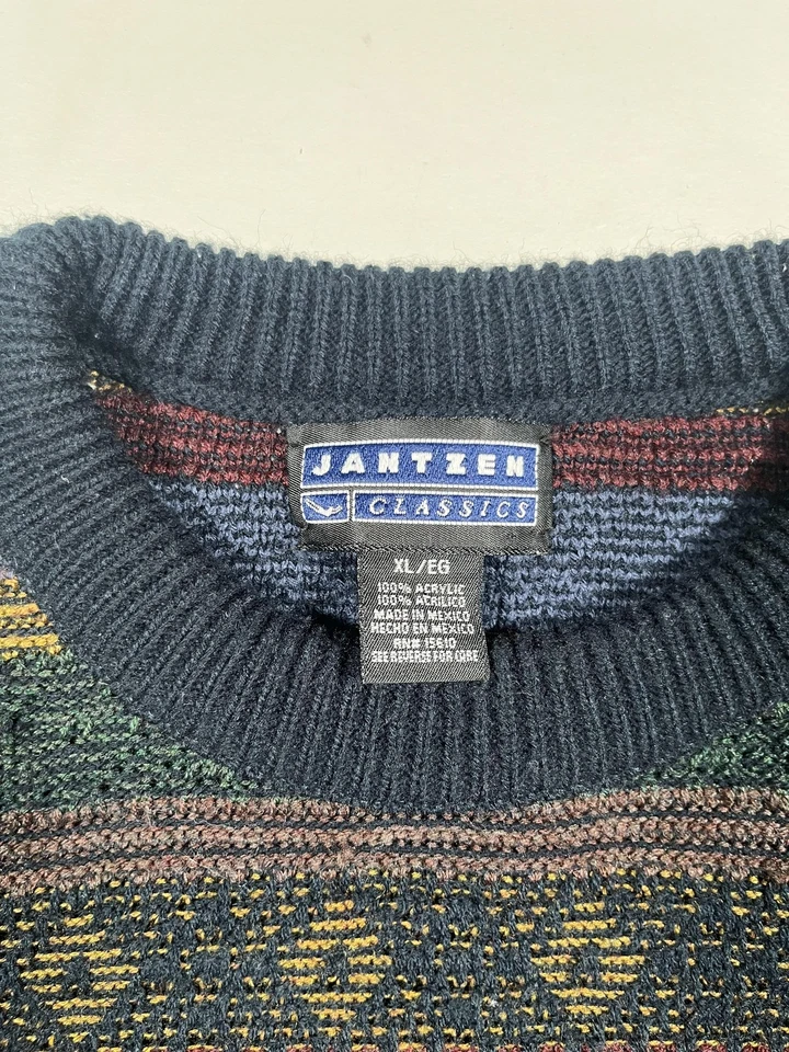 Jantzen Classics Sweater Mens XL Navy Multicolor Crewneck Geometric Pullover - Image 3 of 4